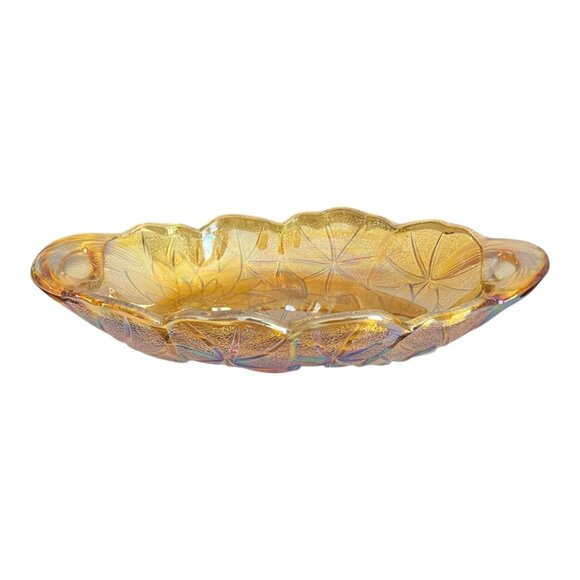 Amber Marigold Carnival Glass Sunflower Pattern Oval Relish Dish With Handles - Picture 6 of 9
